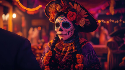 Vibrant d?a de los muertos celebration: traditional sugar skull makeup and festive attire