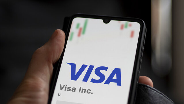 Visa Inc. on the screen of an exchange. Visa Inc price stocks, $V on a device, San Francisco, California. Close up on logo.