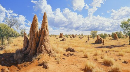 Tall Termite Mounds in an Australian Outback Landscape