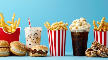 A tempting array of fast food items is arranged neatly, showcasing burgers with sesame seed buns, crispy fries in red and white containers, a creamy milkshake, and a refreshing soda