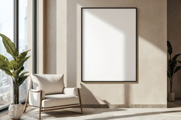 Poster Frame in Beige minimalist living room interior created with generative AI