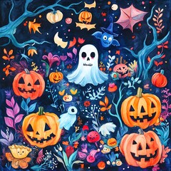 A whimsical Halloween illustration featuring pumpkins, ghosts, and vibrant autumn foliage. Perfect for festive designs.