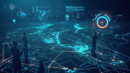 Fototapeta na wymiar A digital map showing a real-time early warning system for natural disasters, with alerts and evacuation routes highlighted, futuristic interface, people using the information to make safe decisions