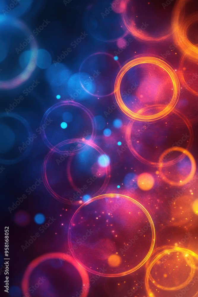 Poster colorful glowing circles, vibrant glowing circles on a dark background create a dynamic visual effec