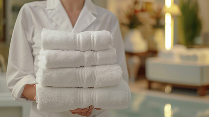 hotel linen change, woman with a stack of clean white towels, spa complex