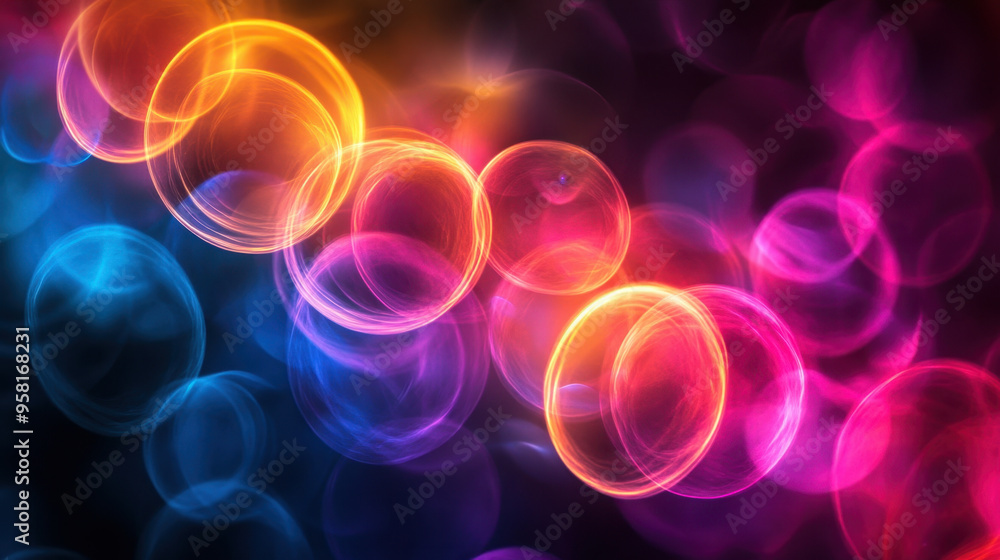Poster colorful glowing circles, vibrant glowing circles on a dark background create a dynamic visual effec