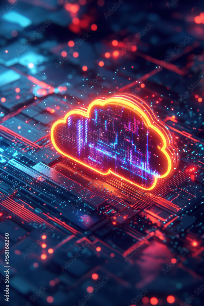 Poster cloud data transfer, vibrant neon visuals representing cloud computing with seamless digital data tr