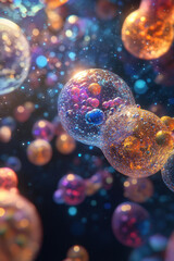 Naklejka premium Drug Delivery, Vibrant nanoparticles and molecular shapes designed for effective drug delivery systems, showcasing advanced technology in medicine and health