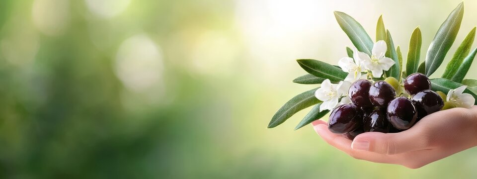 A hand holding a cluster of cherries with a white bloom at the palm's center - Powered by Adobe