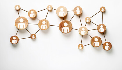 Obraz premium organizational chart of wooden circle with icons on a white background. Human resources management and business concept