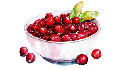 Watercolor illustration of fresh cranberries in a white bowl with green leaves. Vibrant and delicious depiction of ripe red cranberries.