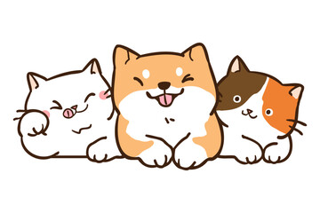 Vector Illustration of Cute Cartoon Cat and Dog Pile on Isolated Background