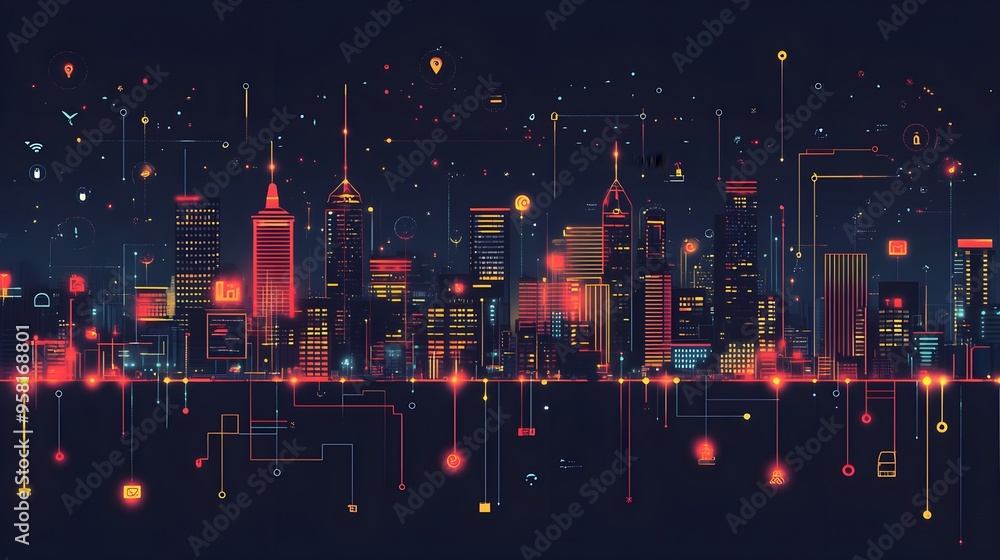 Wall mural a flat design of a smart city interface using recognizable icons for services