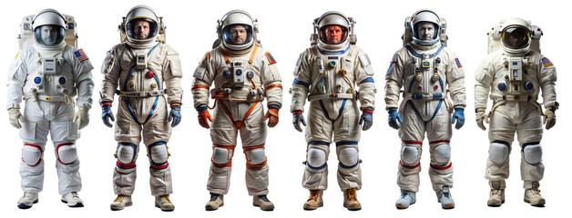 Set of Cosmonauts and astronauts on a transparent background. Space travel concept.