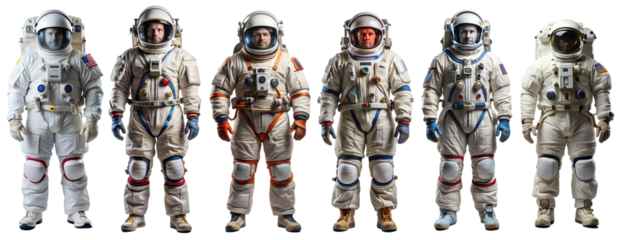 Set of Cosmonauts and astronauts on a transparent background. Space travel concept.