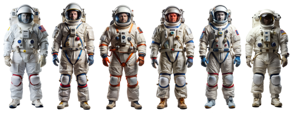 Set of Cosmonauts and astronauts on a transparent background. Space travel concept.
