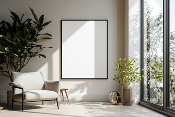 Poster Frame in Beige minimalist living room interior created with generative AI