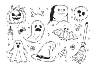 Halloween Doodle Set. Scary creepy icons with ghost, evil pumpkin, bat, skull and witch hat. Celebrating horror holiday. Outline vector illustration collection isolated on white background