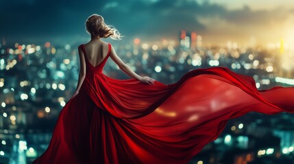 Fototapeta premium A woman in a flowing red dress stands on a city rooftop during sunset, gazing over the skyline with soft winds tousling her hair
