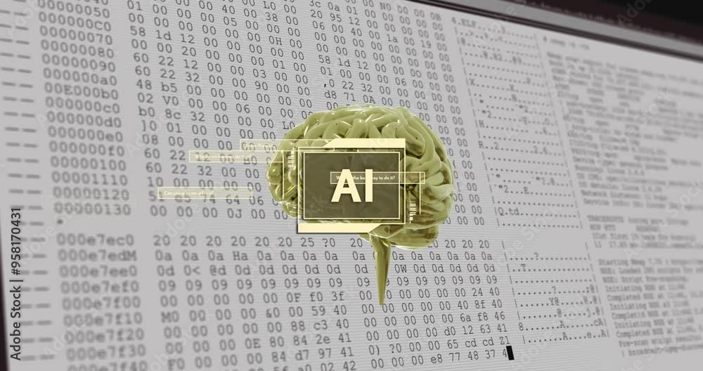 Poster ai brain animation over hexadecimal code background