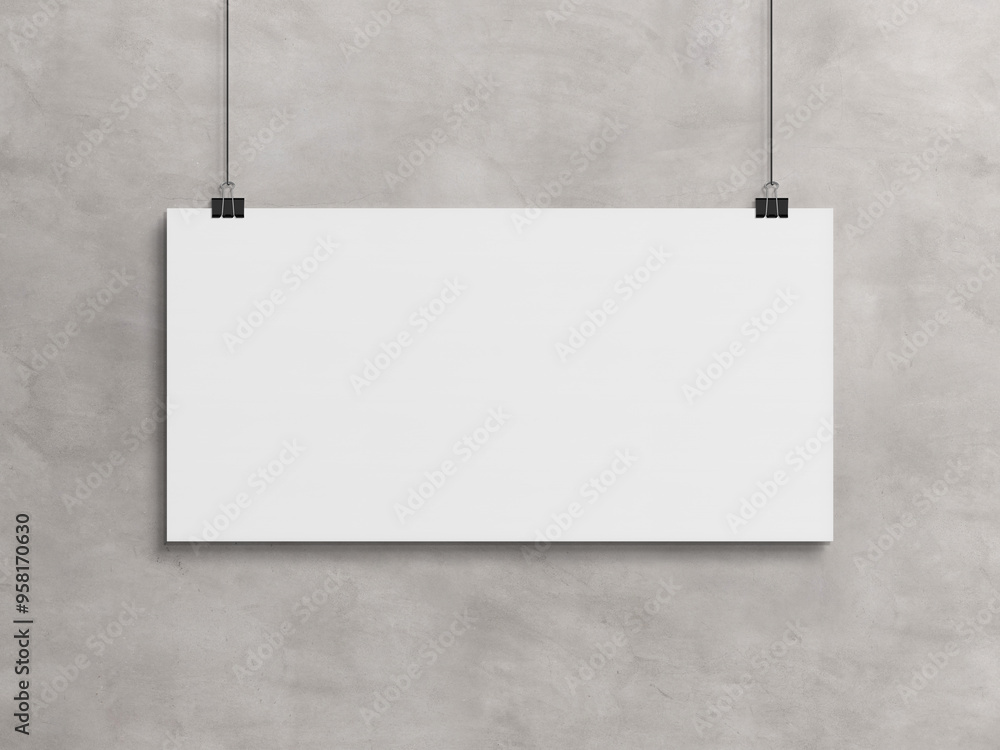 Poster blank horizontal poster hanging with clips on a concrete wall mockup. 3d rendering