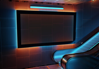 Futuristic panoramic billboard mockup. Cyberpunk style frame interior template. 3D rendering © sdecoret