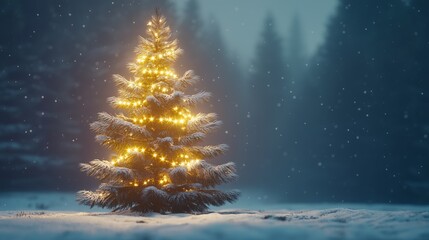 Warm Christmas Lights on a Snowy Pine Tree in a Minimalist Winter Setting