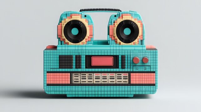 Colorful retro boombox speaker with a pixelated design, perfect for 80s music vibes and vintage style.