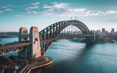 Fototapeta premium Aerial View of Sydney Harbour Bridge: Dynamic Cityscape Background