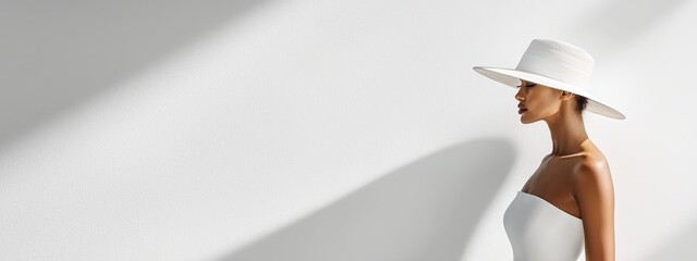 Naklejka premium A mannequin in a white hat is positioned against a white wall, casting a shadow suggesting a woman's head