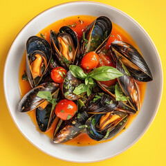 Plate of mussels in tomato sauce with fresh herbs and red cherry tomatoes on a yellow background, perfect for a romantic dinner