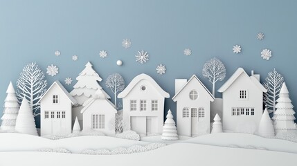 Paper-cut style winter village with snowflakes, houses, and trees against a soft blue sky. Christmas holiday concept