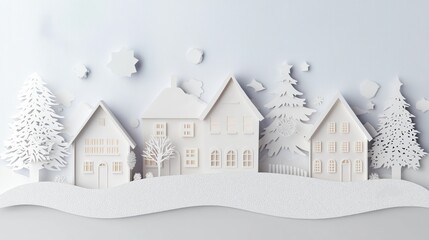 Snowy winter village in paper-cut style with trees, houses, and soft blue sky Christmas background concept.