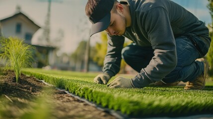 person installing artificial turf on the ground in a backyard