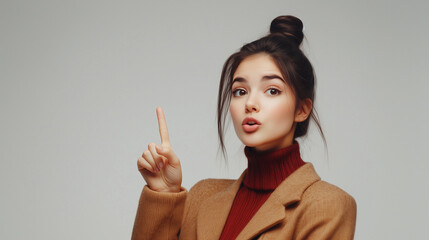 Obraz premium Woman presents, pointing finger up with copy space on light background, portrait beauty and confidence