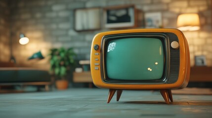 A retro-style television set with an orange frame and wooden legs, set in a cozy, modern living...