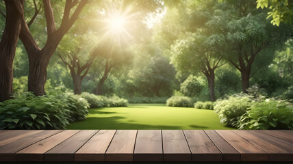 Empty vintage wooden deck, blurred green trees in garden with sunlight on background. Perfect to use on product presentation	