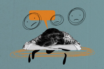 Collage 3d image of pinup pop retro sketch of tired female sad stressed depressive thoughts unusual...
