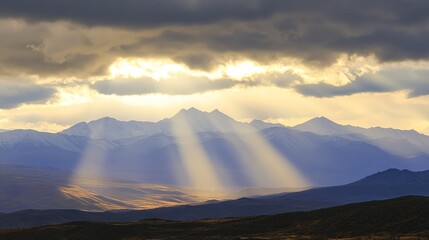 First Light of the Sun with a Brown Tint in the Mountains Before the Storm: A Dramatic Scene Capturing the Early Morning Sunlight Casting a Warm Brown Hue Over Rugged Mountain Peaks, 