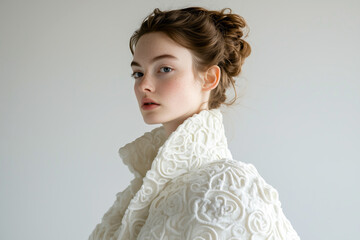 Elegant fashion portrait of a young woman in a textured white coat