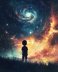 Obraz premium A silhouette of a young boy gazing at a vibrant, swirling galaxy in the night sky, representing wonder and exploration.
