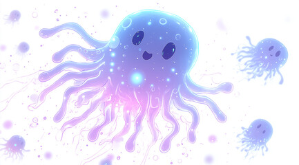 Obraz premium Glowing Amoeba Microorganism Character with Pseudopod Extensions on White Background - 2D Squishy Blob Concept with Transparent Body and Bioluminescent Glow