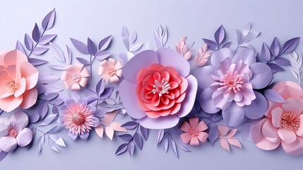 Paper Flowers and Leaves Arrangement on Lavender Background
