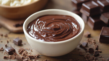 Chocolate ganache in a black bowl with ingredients for making on a dark slate, stone or concrete background.Top view with copy space.