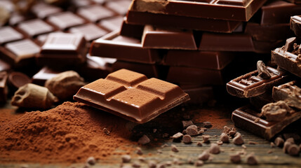 Dark chocolate bar pieces on dark background with copy-space, grated chocolate and spices, pile chunks of broken chocolate.