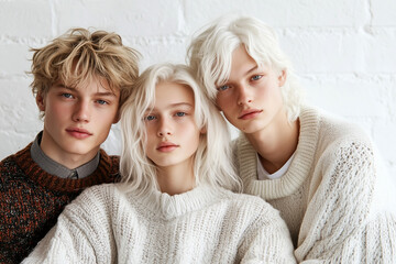 Trendy young siblings with platinum blonde hair in cozy sweaters