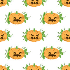 Vector flat style Halloween seamless pattern. Hand-drawn scary pumpkins. Element for labels, packaging and cards design.