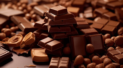 Pieces of milk chocolate bar on dark background. Sweet food is made of cocoa and sugar.