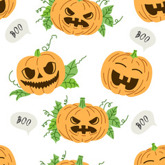 Vector flat style Halloween seamless pattern. Hand-drawn scary pumpkins. Element for labels, packaging and cards design.