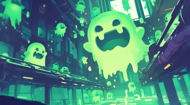 Neon Ghost Buster - Cute Video Game Background in Pastel Colors with Copy Space